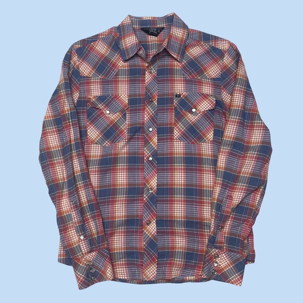 Salt Valley Western Mens Medium Plaid Pearl Snap Long Sleeve Shirt Blue Red